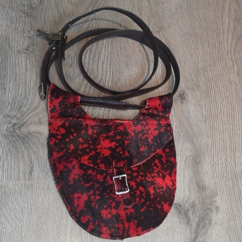 90s Vintage Custom Made Red Black Pony Hair Printed Cross Body Waist Belt Bag